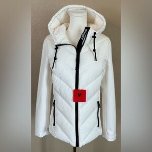 DKNY Women’s White Mixed Media Hooded Puffer Jacket – Medium – NWT